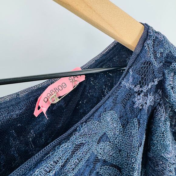 Adrianna Papell Navy Blue Sequin Lace Gown Short Sleeve Stretch Size 18W - Picture 7 of 12